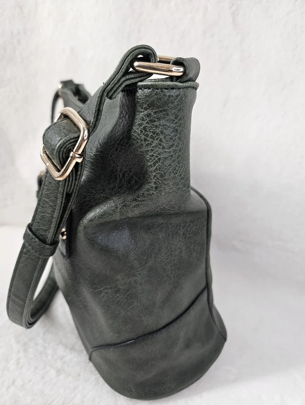 Green Faux Leather Crossbody Bucket Bag